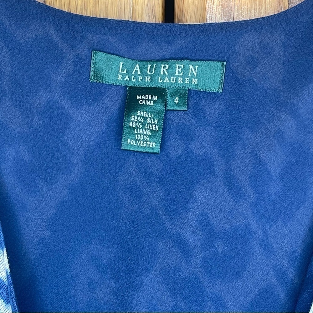 Lauren Ralph Lauren Vneck wrap Silk Linen tank top Cream Indigo Size 4 - Picture 2 of 9